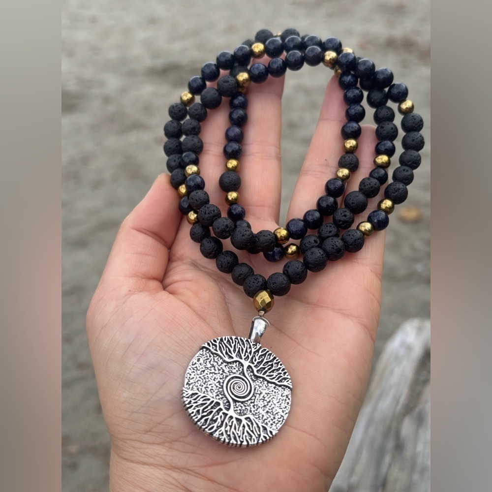 Artisan Protection Mala • Lava Rock & Hematite • Money Spiral Talisman 108 Beads